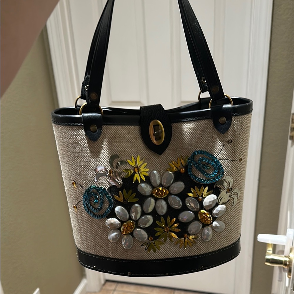 Enid Collin’s lookalike Embellished floral Black and Cream Women's Bag